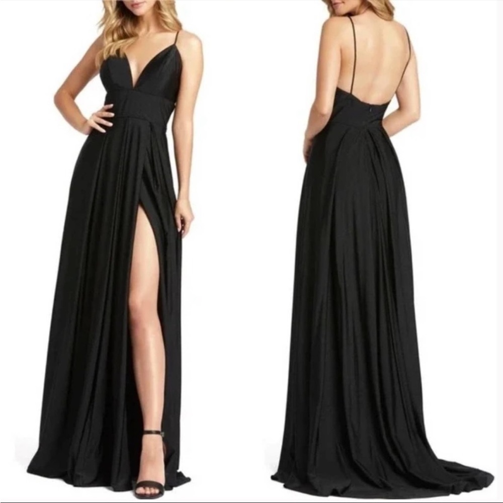 NEW Ieena Mac Duggal Black Sleeveless V-Neck Jersey Gown Thigh High Slit size 2